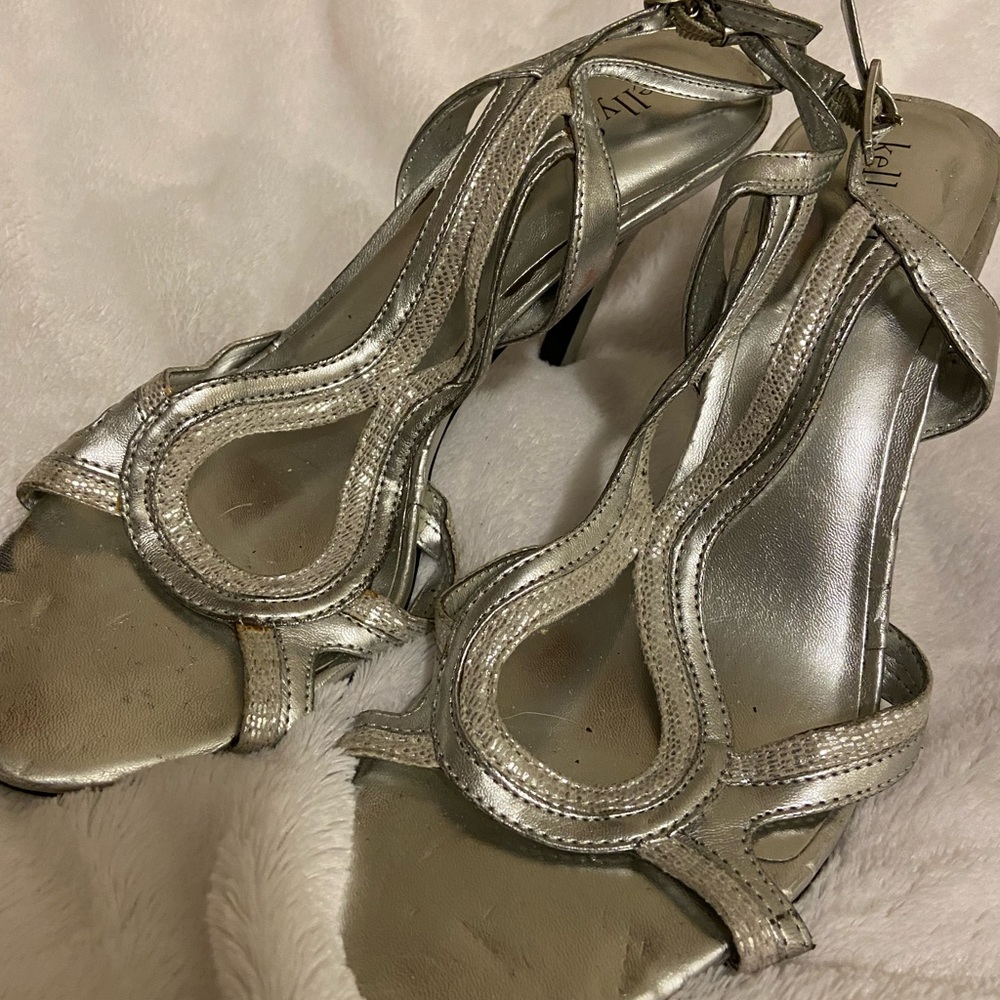 Silver strap shoes, label , Kelly and Katie, size 8, 3 inch heels.